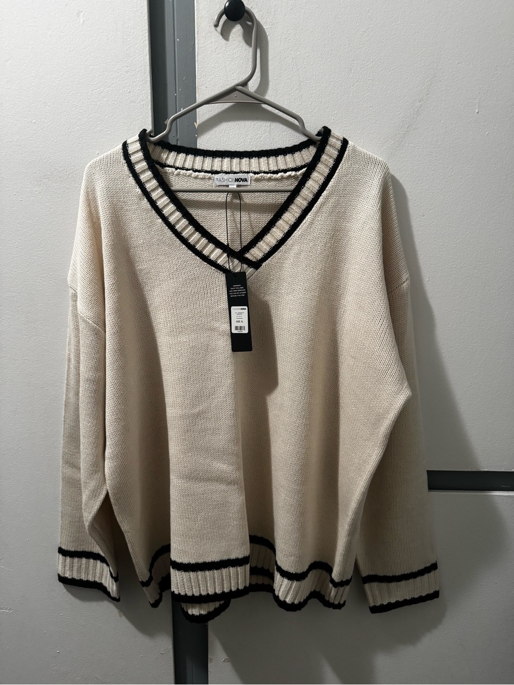 Fashion Nova Cream V-Neck Sweater with Black Trim